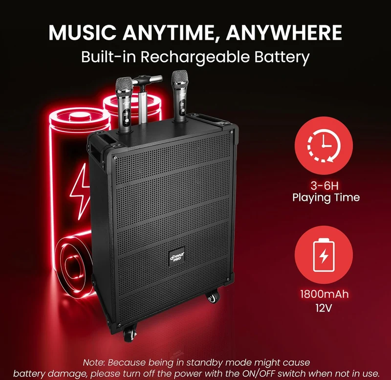 Portable 12" Wireless Bluetooth Speaker System - Built-in Rechargeable Battery, Wireless Microphone, USB/Micro SD/FM - 80 Watt - FM Radio w/ Digital LED Display