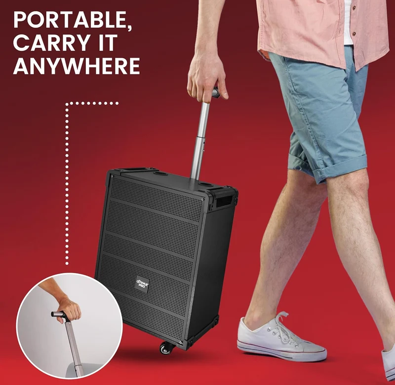 Portable 12" Wireless Bluetooth Speaker System - Built-in Rechargeable Battery, Wireless Microphone, USB/Micro SD/FM - 80 Watt - FM Radio w/ Digital LED Display