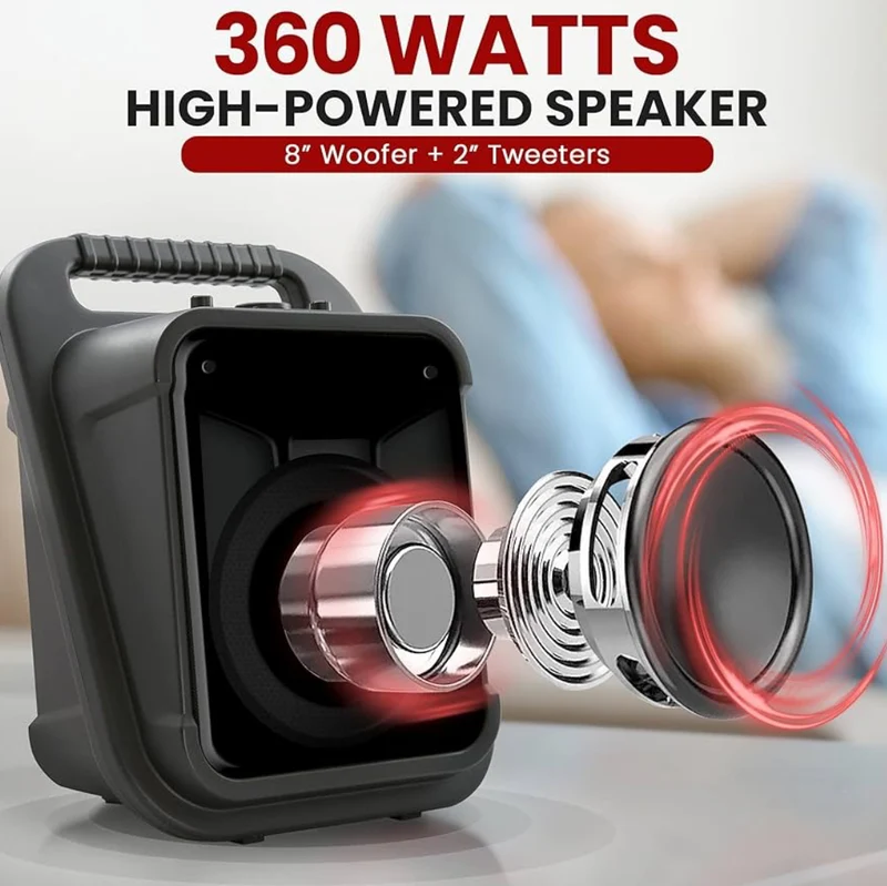 Portable Bluetooth PA Speaker-360W 8” Rechargeable Indoor/Outdoor BT Karaoke Audio System Bundle Kit-Party Lights,LED Display,FM/AUX/MP3/USB/SD,1/4" in,Carry Handle-Wireless Mic,Remote Control