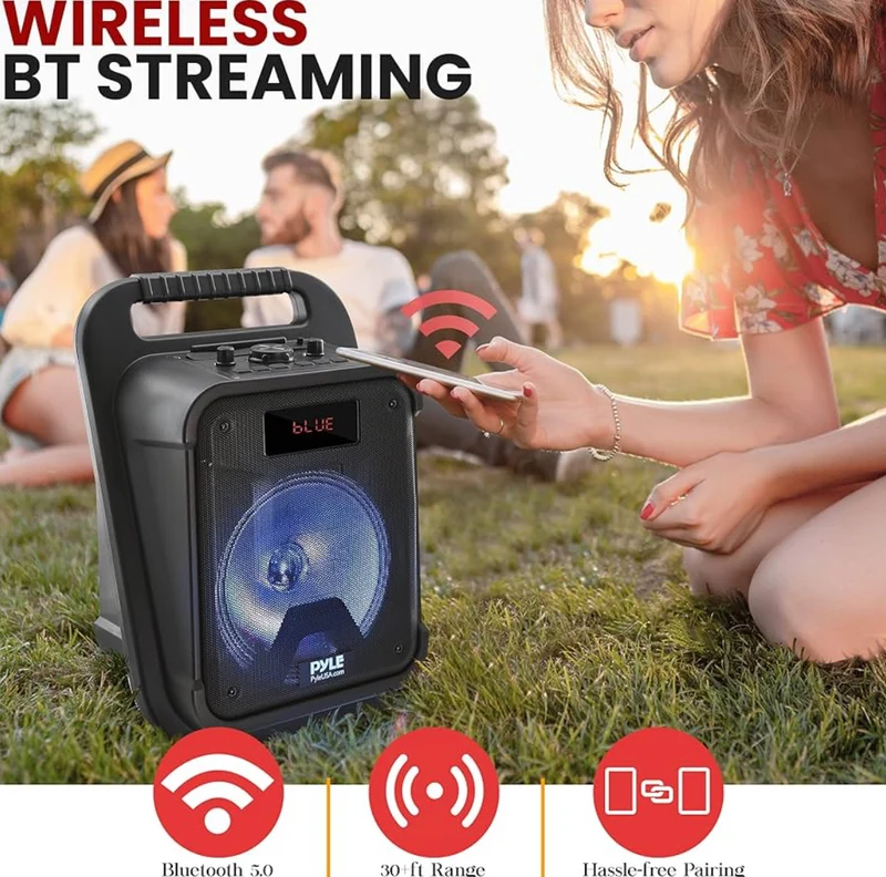 Portable Bluetooth PA Speaker-360W 8” Rechargeable Indoor/Outdoor BT Karaoke Audio System Bundle Kit-Party Lights,LED Display,FM/AUX/MP3/USB/SD,1/4" in,Carry Handle-Wireless Mic,Remote Control