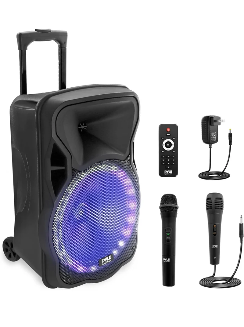 Portable Bluetooth PA Speaker-300W 12” Rechargeable Indoor/Outdoor BT Karaoke Audio System - LED Display, FM/AUX/MP3/USB/SD,1/4" in, Handle, Wheels-Wireless & Wired Mic, Remote Control