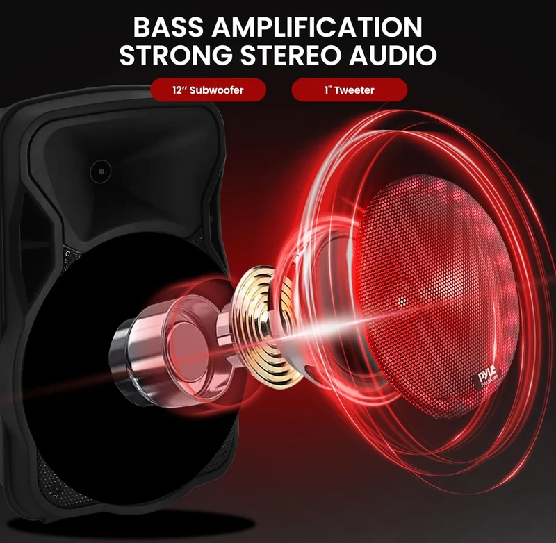 Portable Bluetooth PA Speaker-300W 12” Rechargeable Indoor/Outdoor BT Karaoke Audio System - LED Display, FM/AUX/MP3/USB/SD,1/4" in, Handle, Wheels-Wireless & Wired Mic, Remote Control