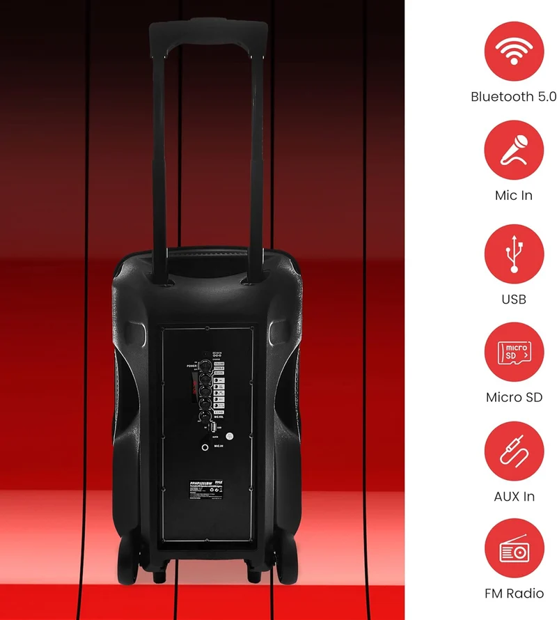 Portable Bluetooth PA Speaker-300W 12” Rechargeable Indoor/Outdoor BT Karaoke Audio System - LED Display, FM/AUX/MP3/USB/SD,1/4" in, Handle, Wheels-Wireless & Wired Mic, Remote Control
