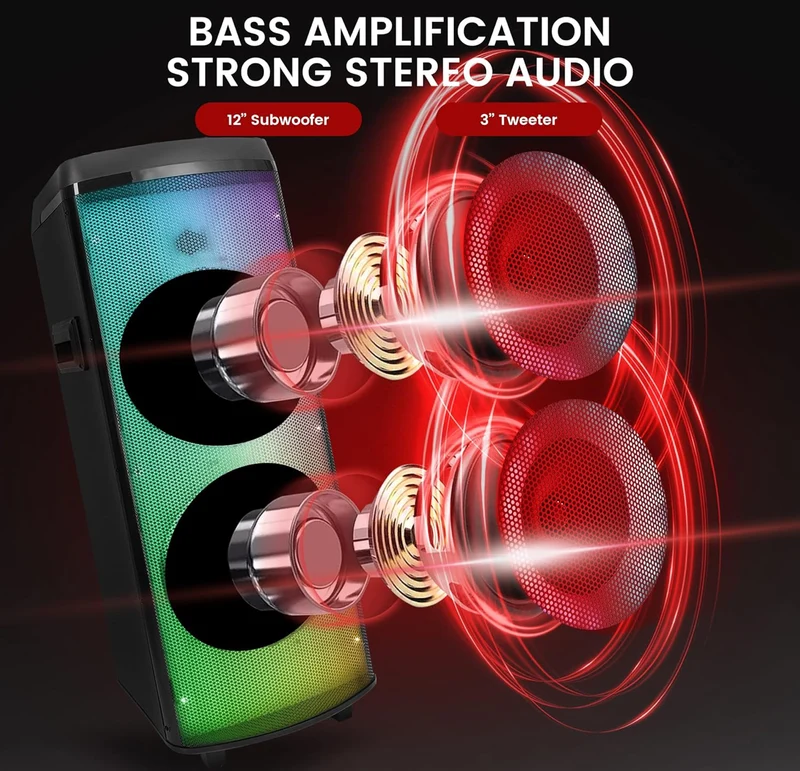 Rechargeable Bluetooth Portable PA Party Speaker - 600W Dual 12” Indoor/Outdoor BT Karaoke Audio System, TWS, X-Bass Function, Flashing Party Flame Lights, MP3/USB/AUX/FM Radio, Carry Handle