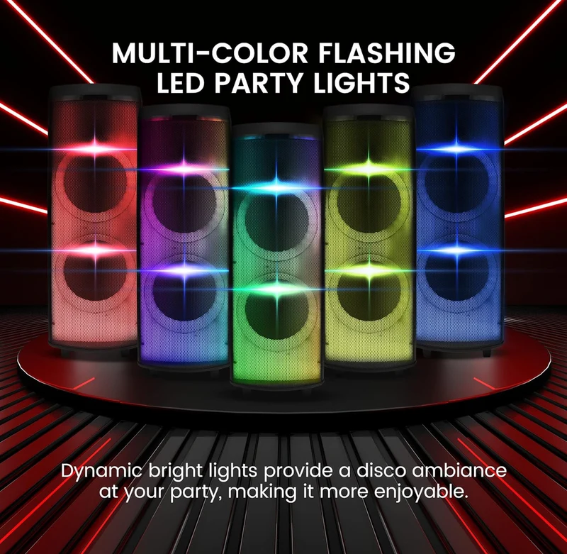 Rechargeable Bluetooth Portable PA Party Speaker - 600W Dual 12” Indoor/Outdoor BT Karaoke Audio System, TWS, X-Bass Function, Flashing Party Flame Lights, MP3/USB/AUX/FM Radio, Carry Handle