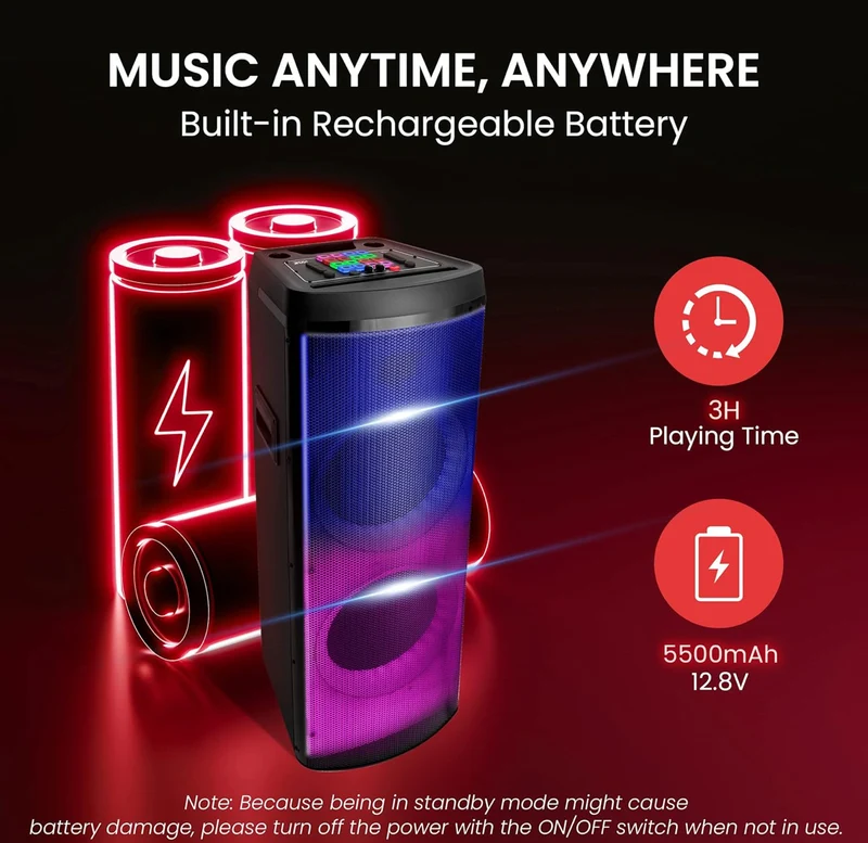 Rechargeable Bluetooth Portable PA Party Speaker - 600W Dual 12” Indoor/Outdoor BT Karaoke Audio System, TWS, X-Bass Function, Flashing Party Flame Lights, MP3/USB/AUX/FM Radio, Carry Handle