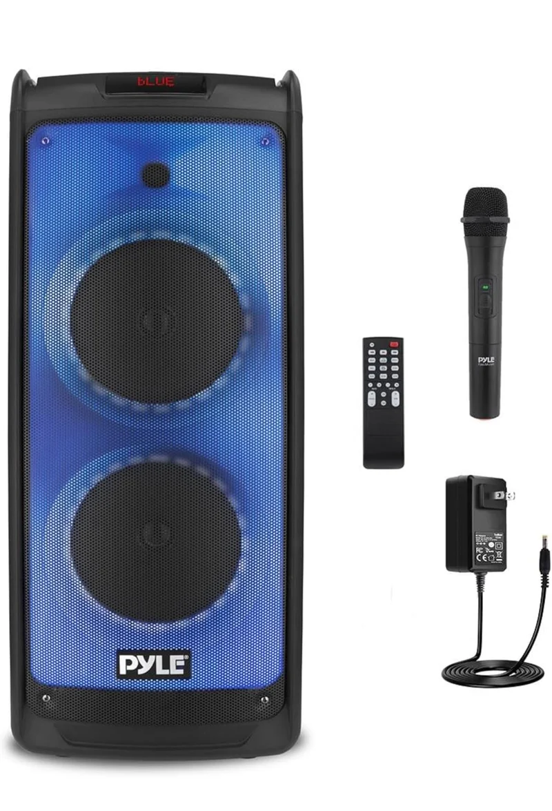 Portable Bluetooth PA Speaker System - 500W Rechargeable Indoor Outdoor Stereo w/Dual 8” Woofer & Tweeter, Audio Recording, Wireless Microphone, Flaming Light, Radio, MP3/USB/Micro SD, Remote