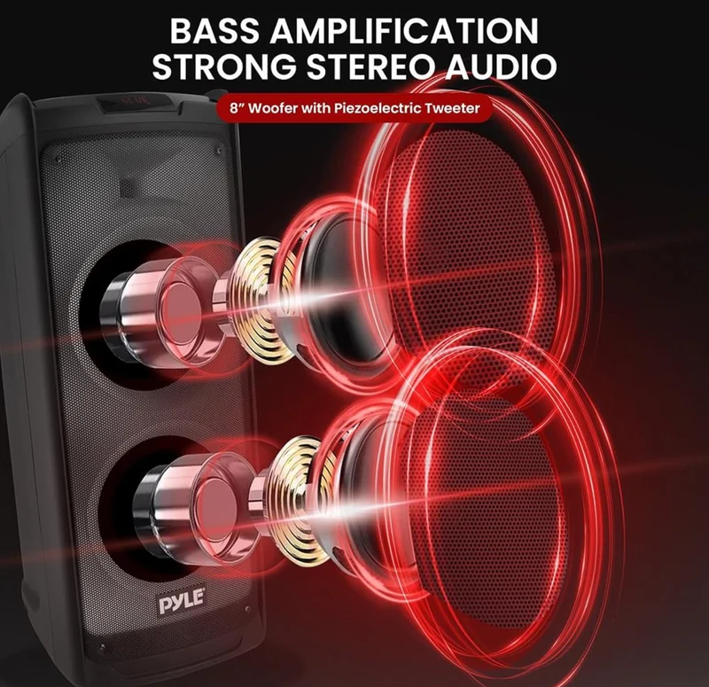Portable Bluetooth PA Speaker System - 500W Rechargeable Indoor Outdoor Stereo w/Dual 8” Woofer & Tweeter, Audio Recording, Wireless Microphone, Flaming Light, Radio, MP3/USB/Micro SD, Remote