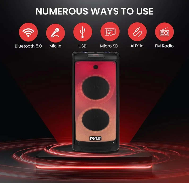 Portable Bluetooth PA Speaker System - 500W Rechargeable Indoor Outdoor Stereo w/Dual 8” Woofer & Tweeter, Audio Recording, Wireless Microphone, Flaming Light, Radio, MP3/USB/Micro SD, Remote