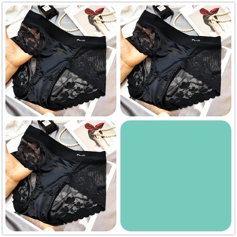 Lot de 3 Culottes Sexy en Soie Glacée et Dentelle Florale