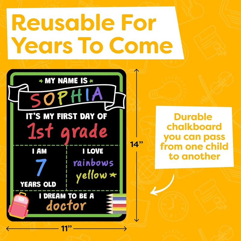 School Sign Board w/ Liquid Chalk Markers - 14x11” Double-Sided & Reusable - My First and Last Day - Back to School Supplies Board