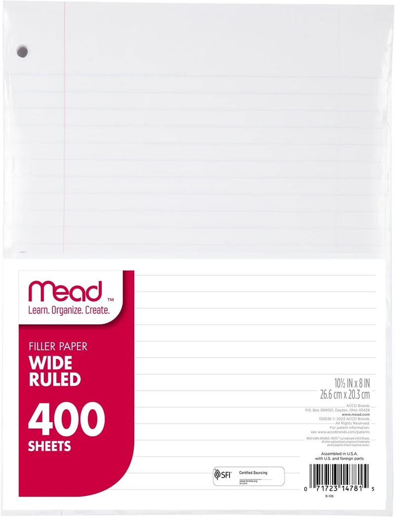 Mead Loose Leaf Paper, Wide Ruled Filler Notebook Paper, 8" x 10-1/2", 400 Sheets, Fits 3-Ring Binder (Pack of 2)