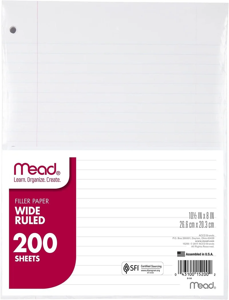 Mead Loose Leaf Paper, Wide Ruled Filler Notebook Paper, 8" x 10-1/2", 200 Sheets, Fits 3-Ring Binder (Pack of 2)