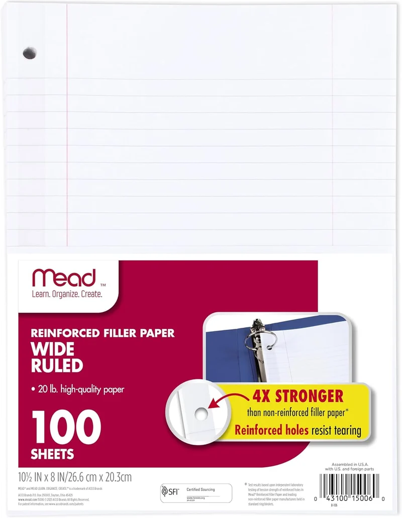 Mead Loose Leaf Paper, Wide Ruled Filler Notebook Paper, Reinforced, 8" x 10-1/2", 100 Sheets, Fits 3-Ring Binder (Pack of 2)