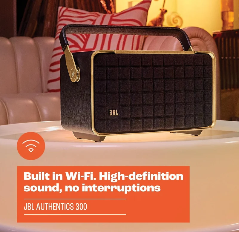 JBL Authentics 300 - Retro Style Wireless Bluetooth/WiFi Home Speaker, Built in Battery (4800mAh) - (White/Gold)