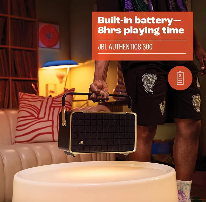 JBL Authentics 300 - Retro Style Wireless Bluetooth/WiFi Home Speaker, Built in Battery (4800mAh) - (White/Gold)