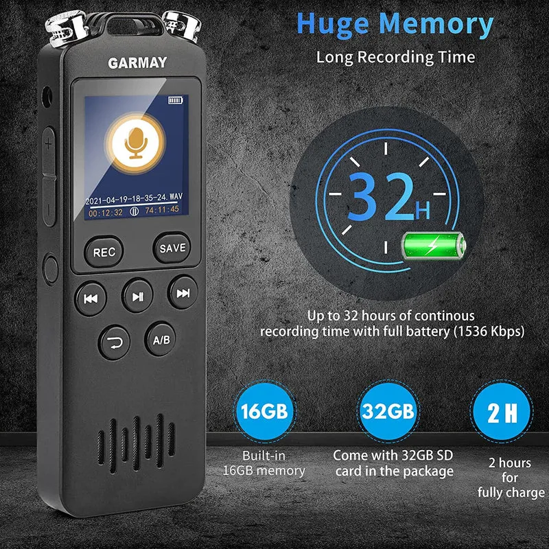 GARMAY Digital Voice Recorder Upgraded 48GB 1536BPS 3343Hours Recording Capacity