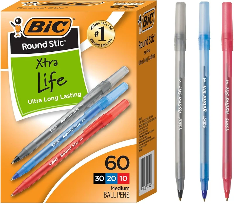 BIC Round Stic Xtra Life Assorted Ink Ballpoint Pens, Medium Point (1.0mm), 60CT Bulk Pens - (Pack of 2)