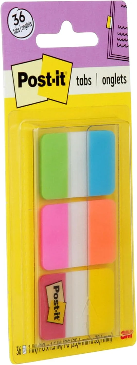 Post-it Tabs, 1 in Solid, Aqua, Yellow, Pink, Red, Green, Orange, 6/Color, 36/Dispenser (Pack of 2)