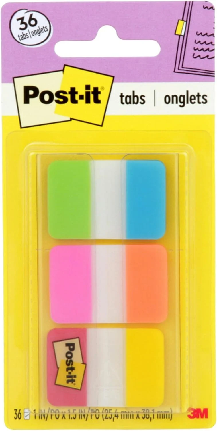 Post-it Tabs, 1 in Solid, Aqua, Yellow, Pink, Red, Green, Orange, 6/Color - Solid Style (36/Dispenser)