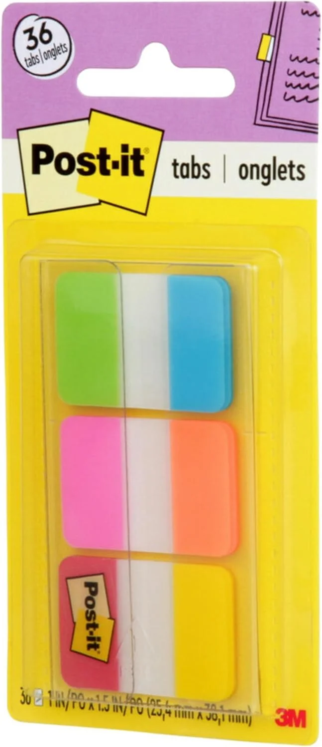 Post-it Tabs, 1 in Solid, Aqua, Yellow, Pink, Red, Green, Orange, 6/Color - Solid Style (36/Dispenser)