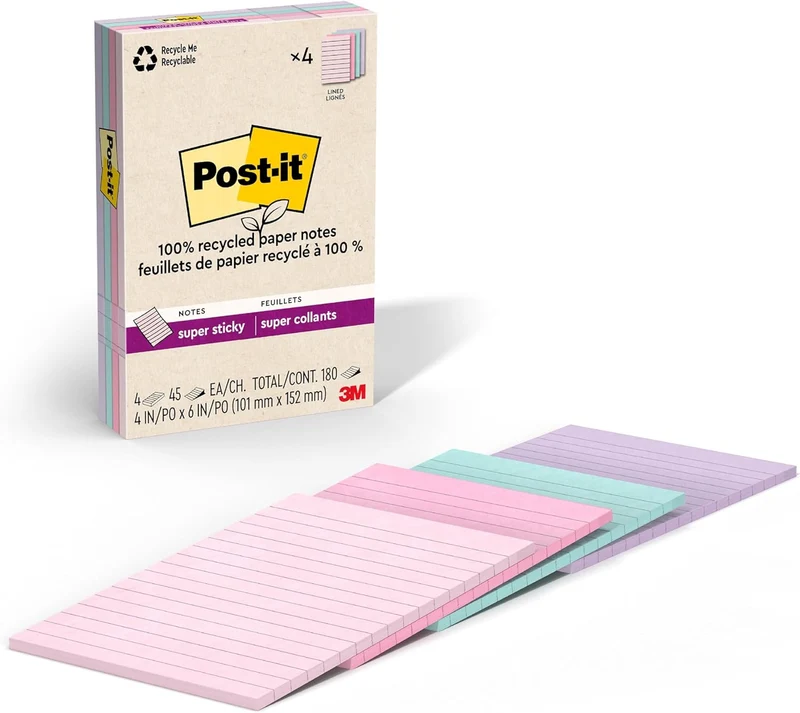 Post-it Super Sticky Notes, Lined, 4 in. x 6 in., 4 Pads, 45 Sheets per Pad, Wanderlust Pastels - (Pack of 2)