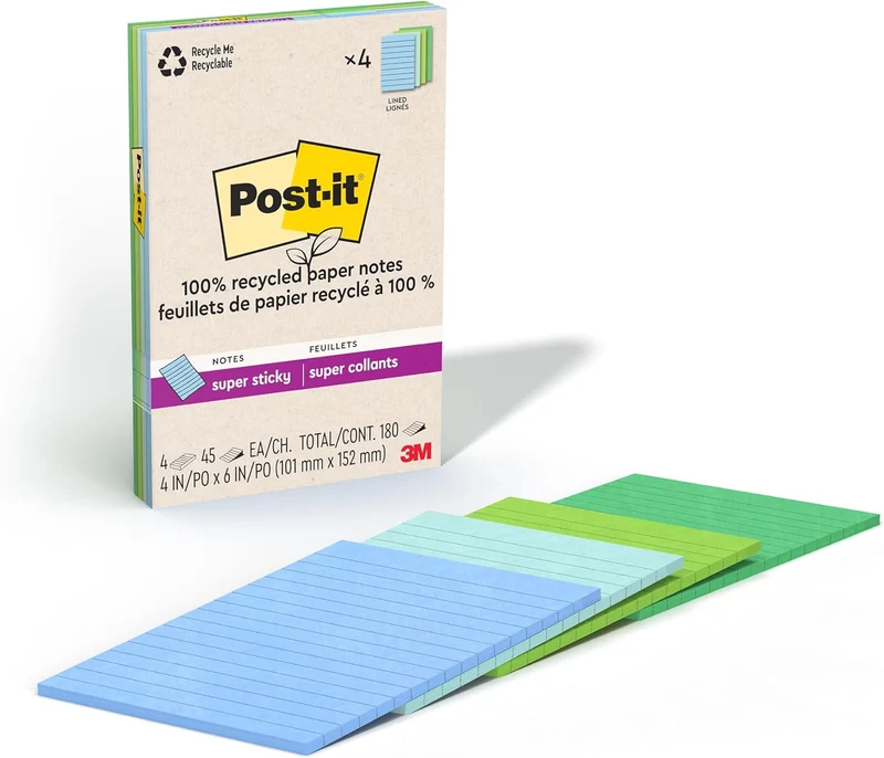 Post-it Sticky Notes, 2X The Sticking Power, 4x6 Inches - 4 Pads, 45 Sheets/Pad, Oasis Collection - (Pack of 2)