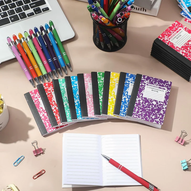60 Pcs Mini Composition Notebooks and Retractable Ballpoint Pens, 3. 3" x 4.5" Small Note Pad Journal and Metal Ballpoint Pens with Stylus Tip for Students School College Office Supplies