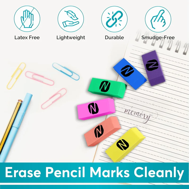 Neon Erasers for Kids – 12-Pack Bulk Pencil Erasers for School, Office, and Art Supplies – Fun Bright Colors, Smudge-Free, Latex-Free