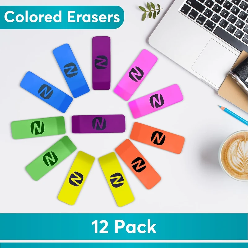 Neon Erasers for Kids – 12-Pack Bulk Pencil Erasers for School, Office, and Art Supplies – Fun Bright Colors, Smudge-Free, Latex-Free