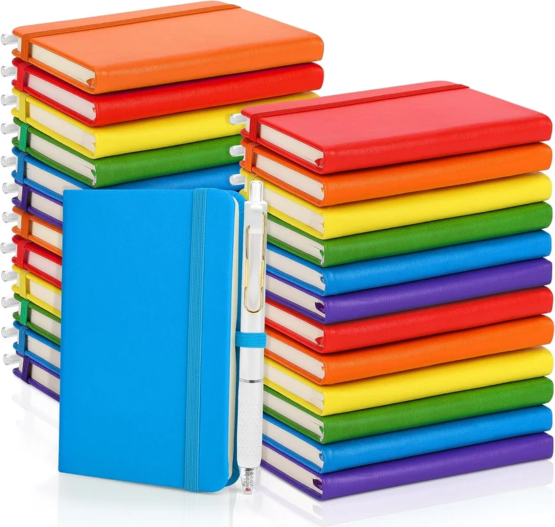 50 Sets Pocket Notebook Journals with Pens, A6 Mini Hardcover PU Leather Lined Notebooks 3.5 x 5.5 Inch College Ruled Notepad With Pen Holder for Office School Supplies, Rainbow Color