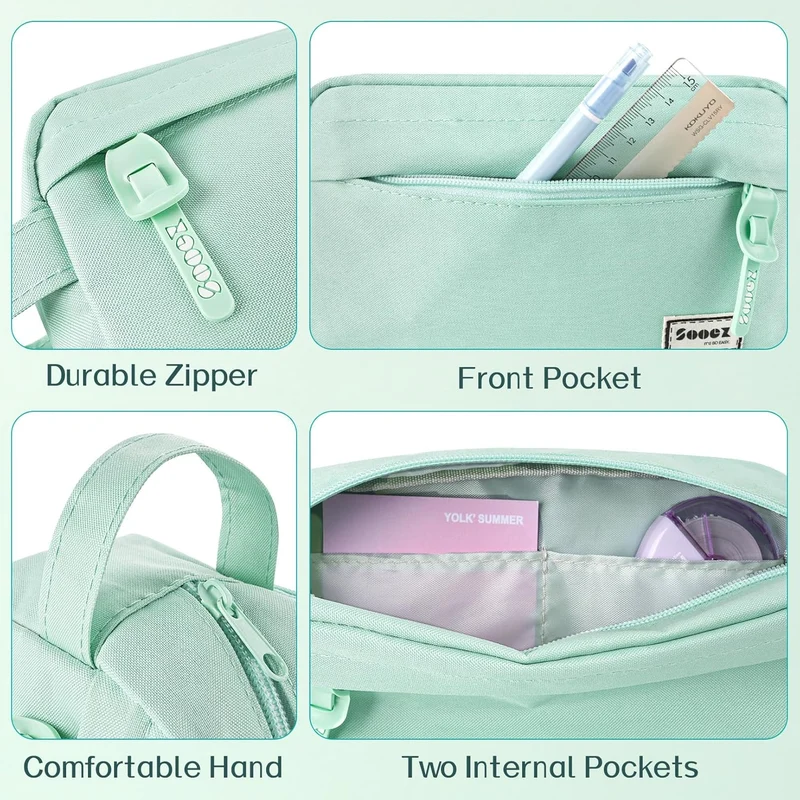 Original High Capacity Pencil Case, Big Pencil Bag Pouch Box Organizer Pen Case, Portable Journaling Supplies with Easy Grip Handle & Loop, Aesthetic Supply for Girls Adults, Mint Green