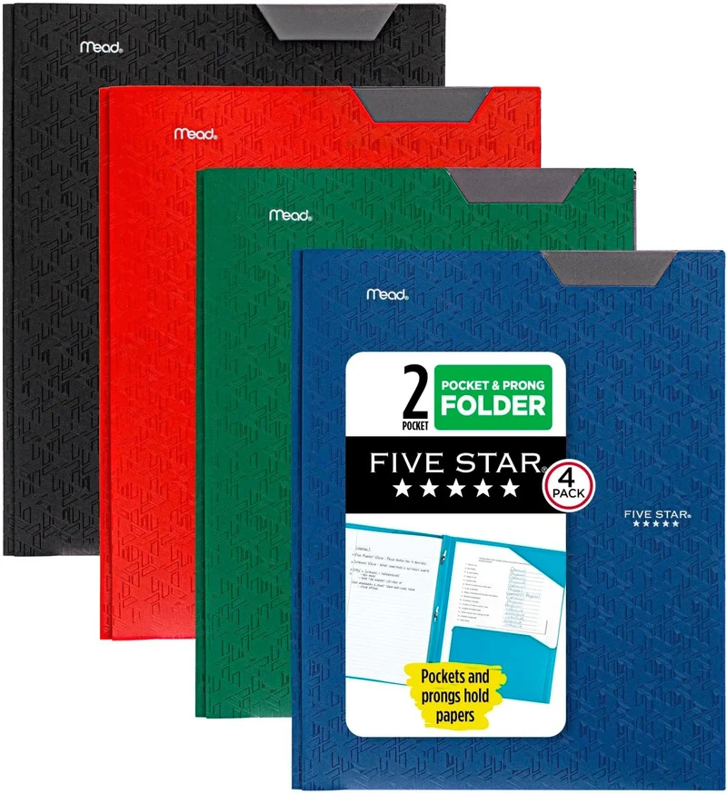 Five Star 2-Pocket Folder, 4 Pack, Plastic Folder with Stay-Put Tabs and Prong Fasteners, Holds 8-1/2" x 11"