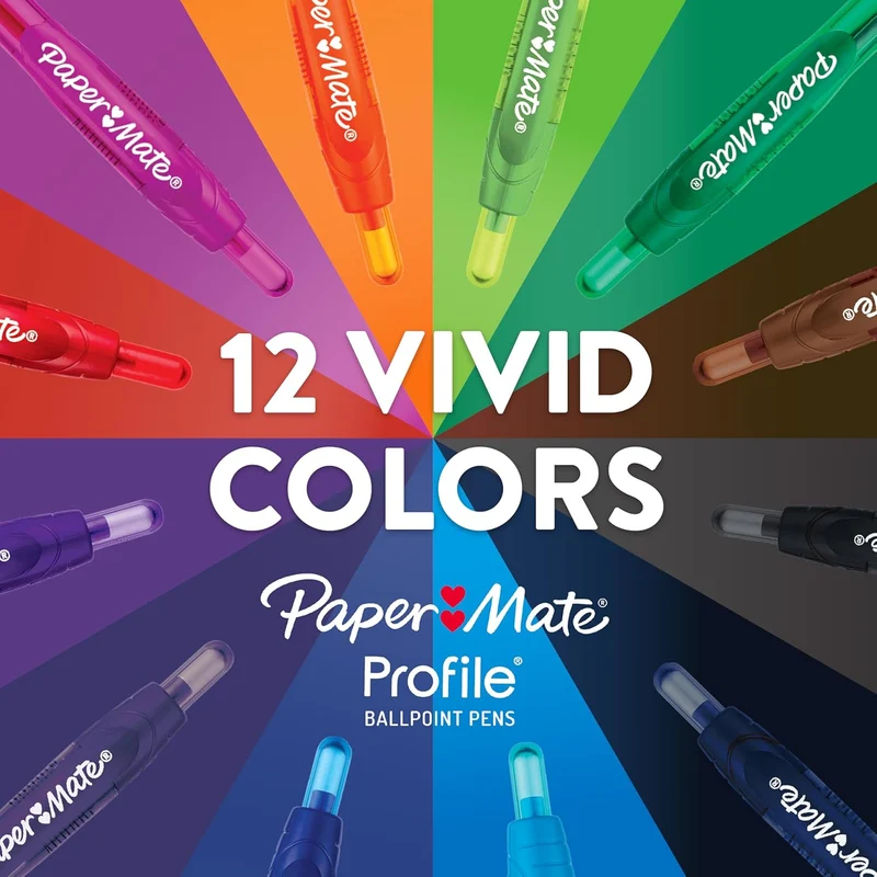 Paper Mate Profile Retractable Ballpoint Pens Bold, 1.4mm, Assorted Colors - (12 Count) - Back to School, Home, Office, Teacher Supplies