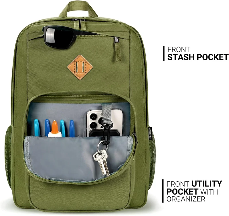 26L Backpack for School, College, and Travel: Water Resistant Bookbag with 8 Compartments - Army Green