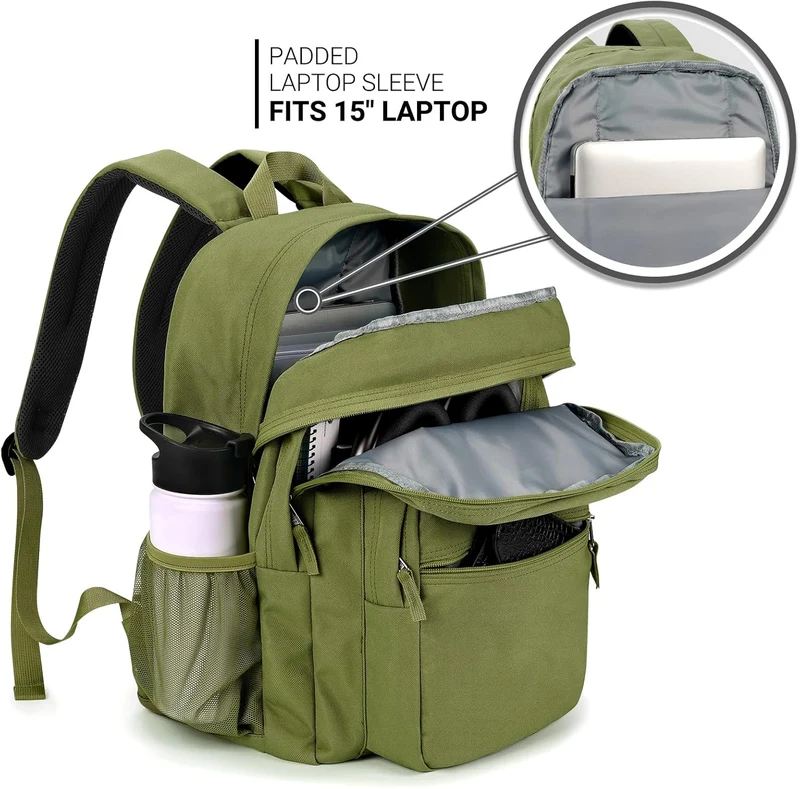 26L Backpack for School, College, and Travel: Water Resistant Bookbag with 8 Compartments - Army Green