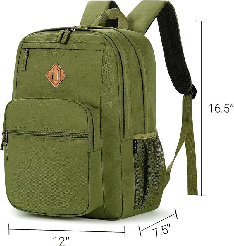 26L Backpack for School, College, and Travel: Water Resistant Bookbag with 8 Compartments - Army Green