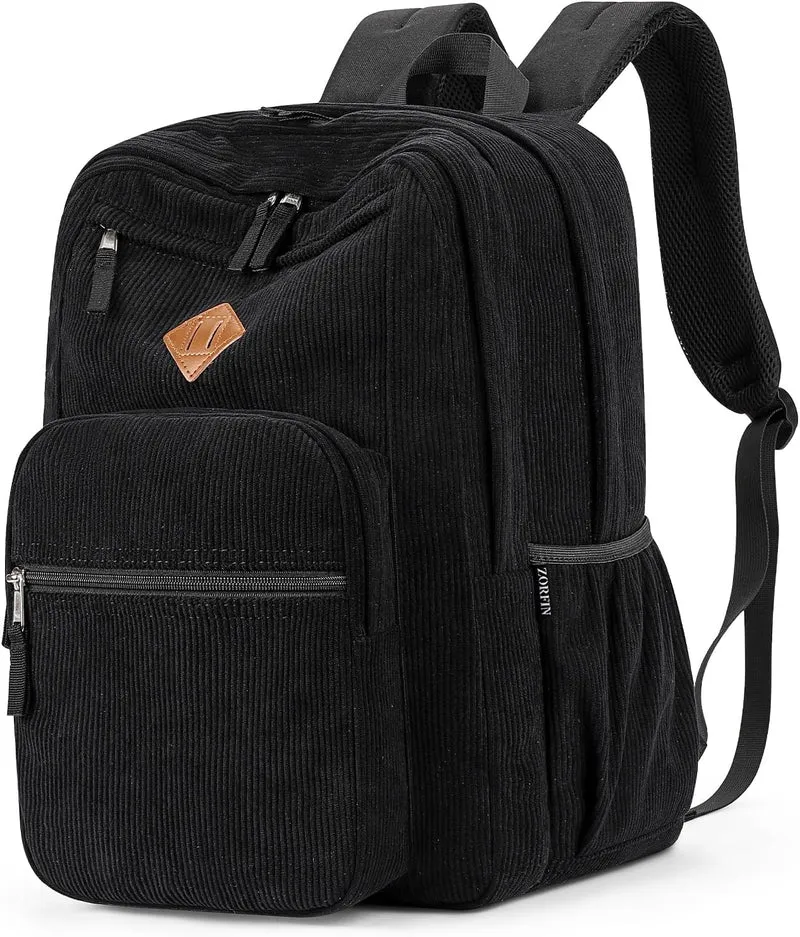 26L Backpack for School, College, and Travel: Corduroy Bookbag with 8 Compartments - Black