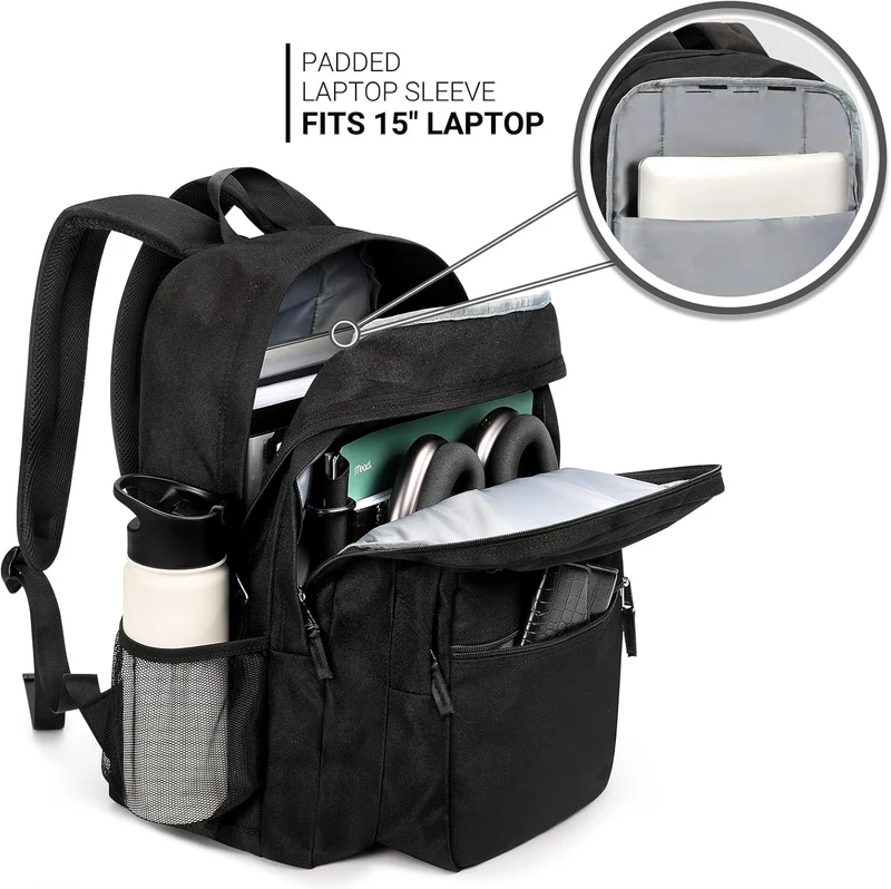 26L Black Backpack for School, College, and Travel: Water Resistant Bookbag with 8 Compartments