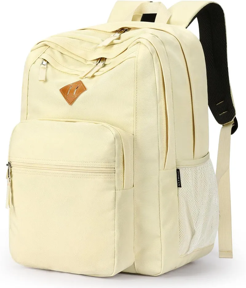 26L Backpack for School, College, and Travel: Water Resistant Bookbag with 8 Compartments - Beige