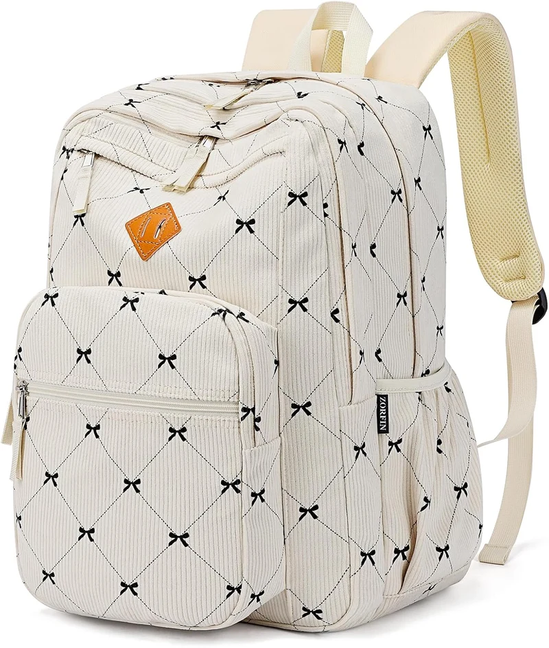 26L Backpack for School, College, and Travel: Corduroy Bookbag with 8 Compartments - Bowknot