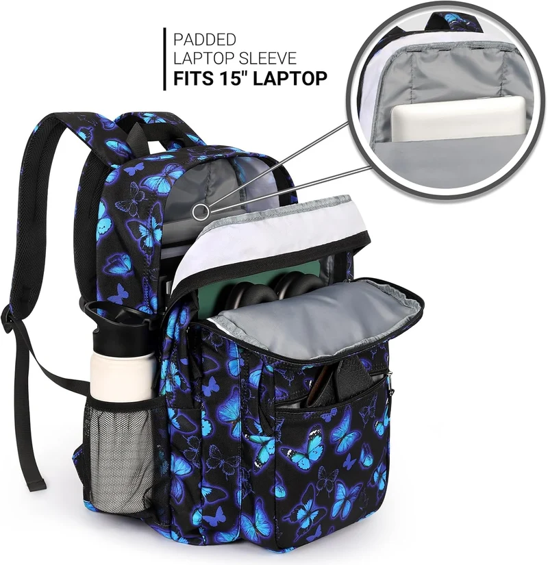 26L Backpack for School, College, and Travel: Water Resistant Bookbag with 8 Compartments - Butterfly Black