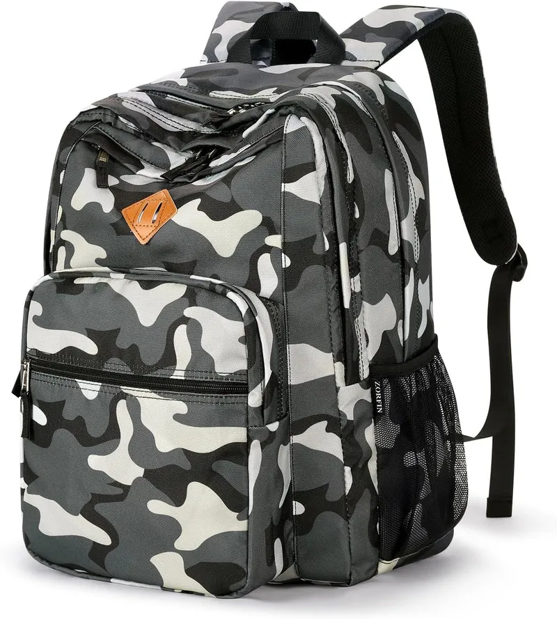 26L Backpack for School, College, and Travel: Water Resistant Bookbag with 8 Compartments - Camo Black