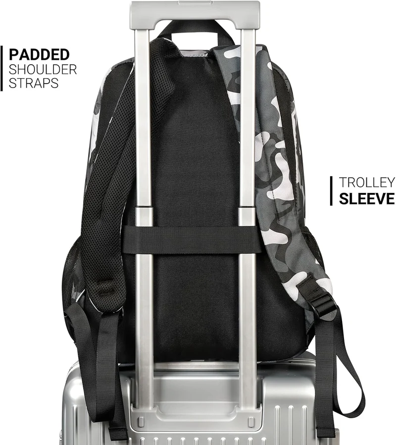 26L Backpack for School, College, and Travel: Water Resistant Bookbag with 8 Compartments - Camo Black