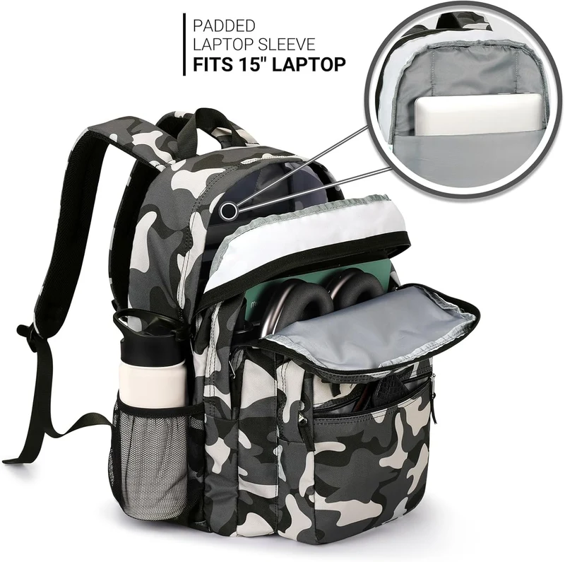26L Backpack for School, College, and Travel: Water Resistant Bookbag with 8 Compartments - Camo Black