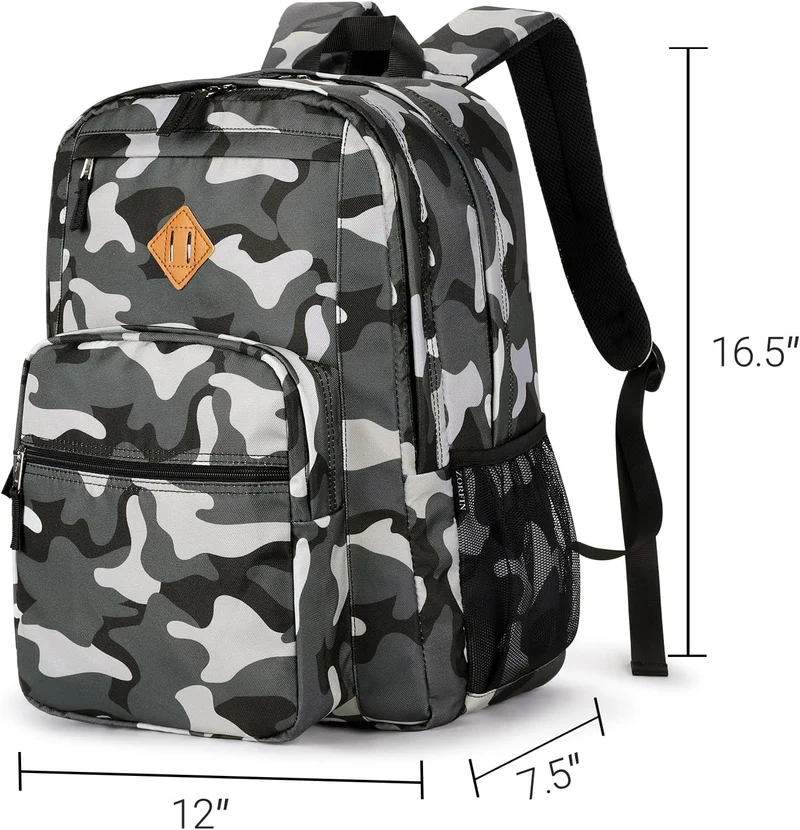 26L Backpack for School, College, and Travel: Water Resistant Bookbag with 8 Compartments - Camo Black
