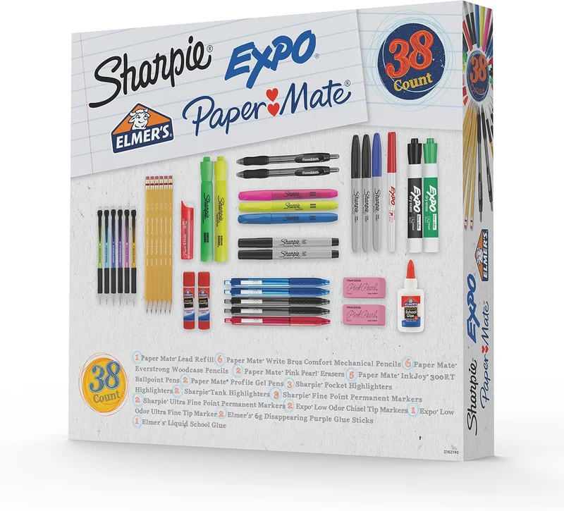 School Supplies Kit Highlighters Mechanical Pencils Glue Sticks Erasers Permanent Markers Gel Pens Pencils School Glue and more from Sharpie Elmer’s Paper Mate & Expo 38 pieces