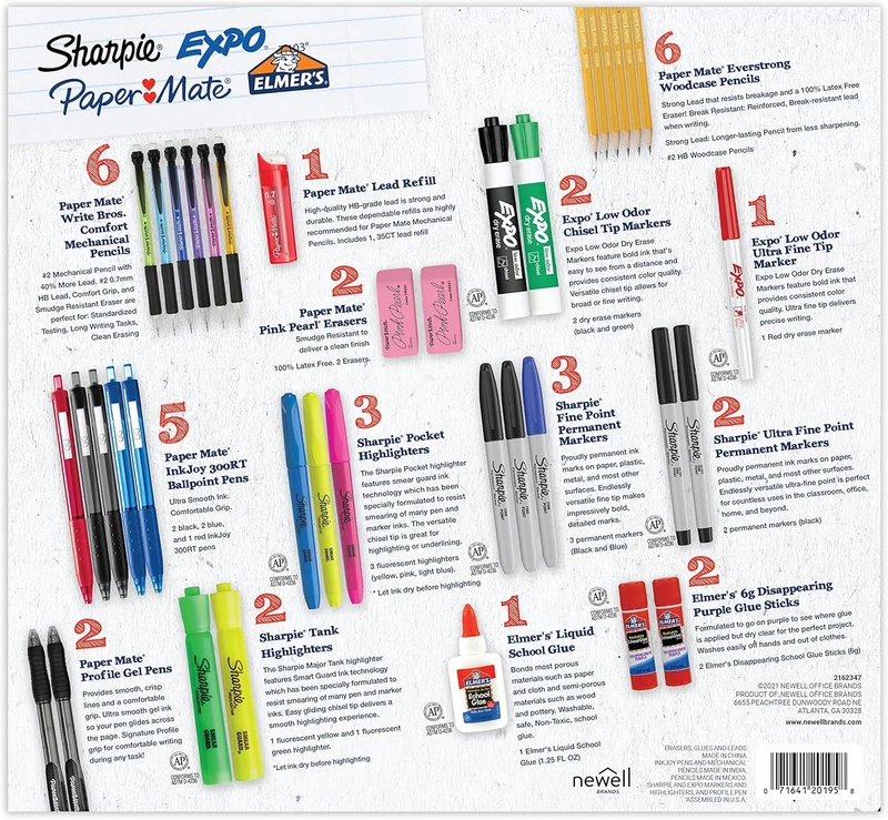 School Supplies Kit Highlighters Mechanical Pencils Glue Sticks Erasers Permanent Markers Gel Pens Pencils School Glue and more from Sharpie Elmer’s Paper Mate & Expo 38 pieces