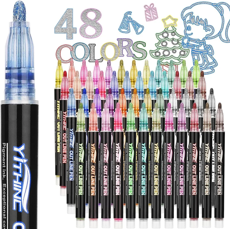 Outline Shimmer Markers, 48 Glitter Metallic Gel Pens for Coloring,Trendy Stuff, Cool Fun Art Crafts School