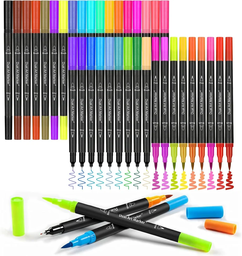 36 Colors Dual Brush Marker Pens, Marker Set, Artist Fine and Brush Tip Markers For Kids Adult coloring books, Note Taking Coloring Writing, Drawing Art Supplies Kit